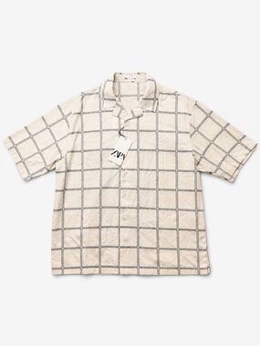 ZARA Cream Grid Stitch Shirt Button Up Boxy Fit New With Tags Size M